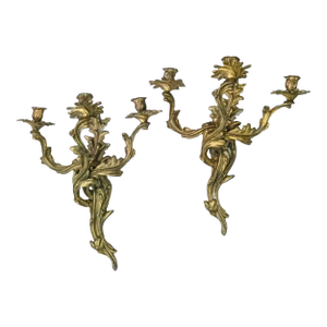 1920s Pair of 3 Arm Rococo Style Candle Sconces in Brass