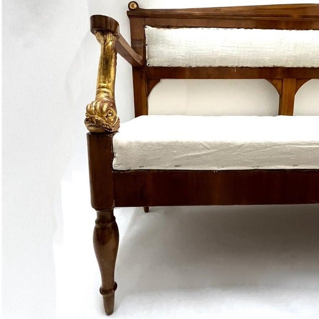 Biedermeier Early 19th Century Empire Bench - Carved - Gilt Dolphin Arms For Sale - Image 3 of 12