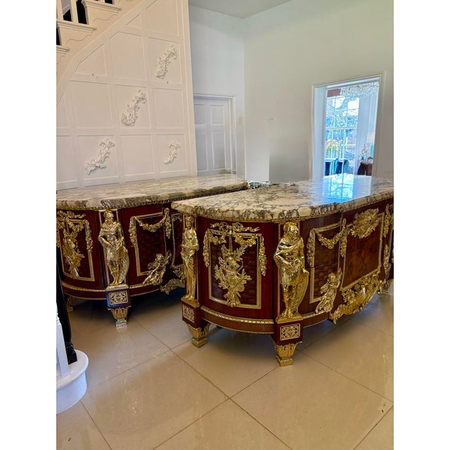 Antique Louis XVI Style of Mahogany, Fruitwood Marquetry & Gilt Bronze Mounted Commodes after the Original by Jean-Henri Riesener, 1900s, Set of 2 For Sale - Image 3 of 18
