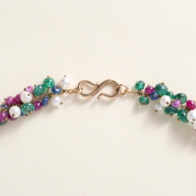 Vintage 1950s Multi Gem & Cultured Pearl Beaded 18k Gold Necklace For Sale - Image 4 of 4