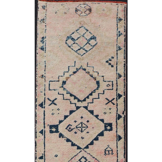 Vintage Turkish Hand Knotted Oushak runner with tribal motifs in blue and soft orange, Keivan Woven Arts / rug TU-MTU-161,...