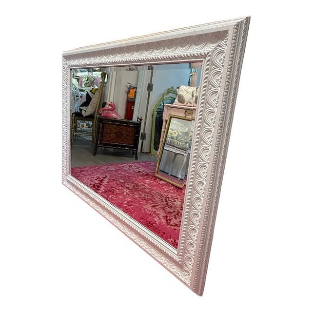 Ornate White Mirror – 39” x 49” Elegant and substantial, this mirror features a beautifully carved ornate frame in a crisp...