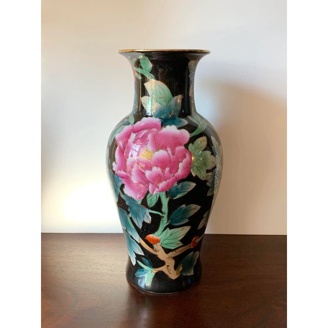 Chinese Late 20th Century Vintage Chinese Porcelain Black Floral Vase For Sale - Image 3 of 10