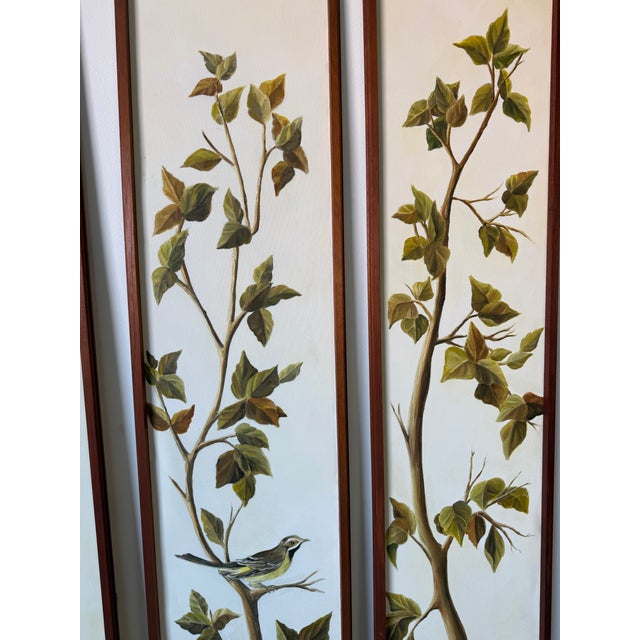 Wood 1970’s Vintage Heon Tropical Botanical and Bird Oil on Canvas Paintings – Set of 4 Panels For Sale - Image 7 of 12