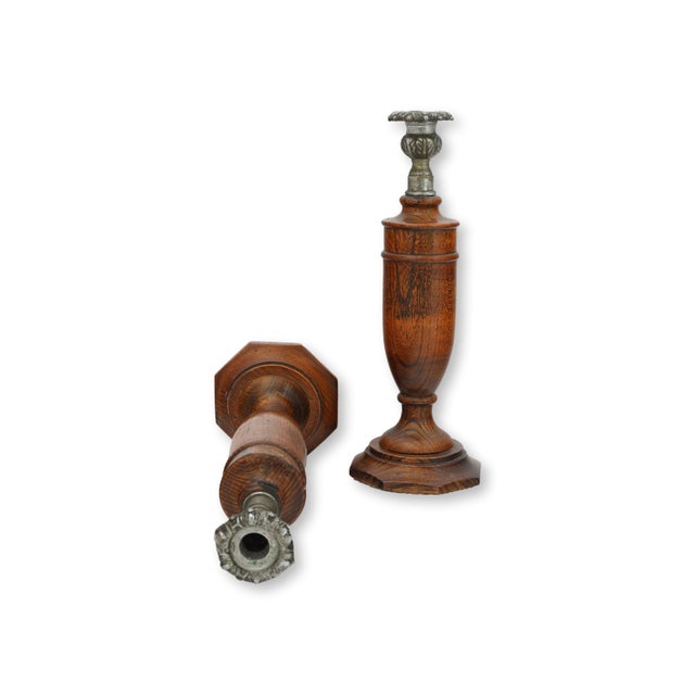 English Oak Candlesticks With Ornate Cups, Pair For Sale - Image 4 of 5