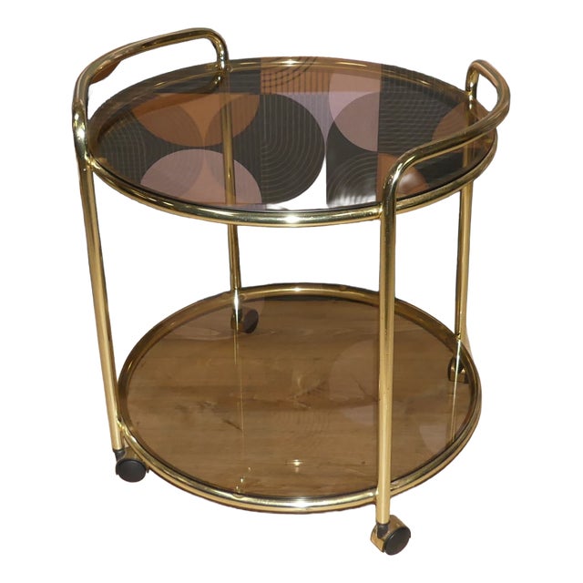 Round Gilt Chrome-Plated and Smoked Glass Serving Trolley, 1970s For Sale