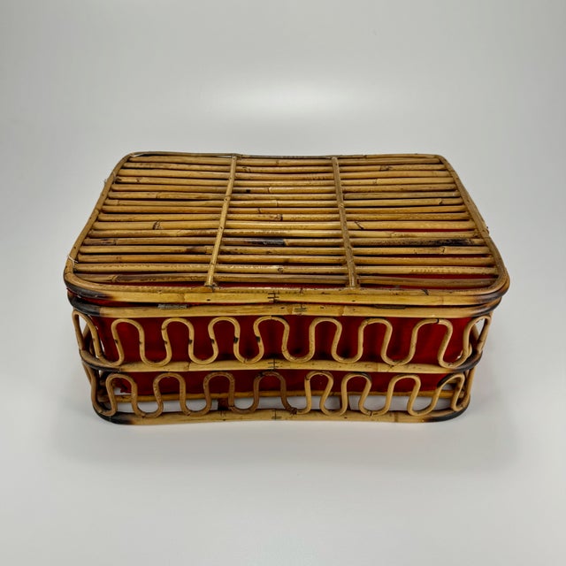 Mid-Century Bamboo and Red Wool Picnic Basket, Italy, 1960s For Sale - Image 6 of 8