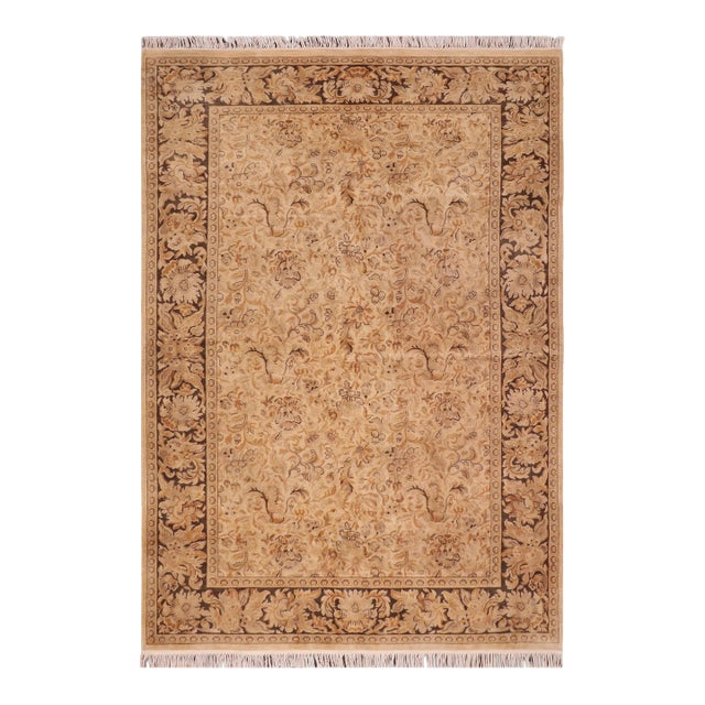 Boho Chic Floral 1990's Pak-Persian Beige/Charcoal Wool Rug - 6'1'' X 9'1'' For Sale