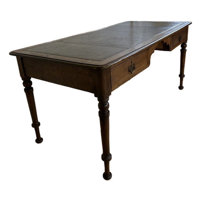 Antique English Library Desk With Leather Top For Sale
