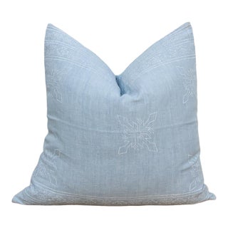 Large 24" Powder Blue Jaipur Blockprint Linen Pillow Cover For Sale