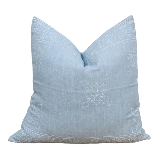 Large 24" Powder Blue Jaipur Blockprint Linen Pillow Cover For Sale