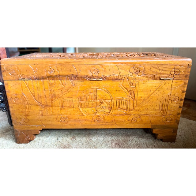 Vintage 1940’s Chinese Glazed Carved Scenic Wood Chest For Sale In Los Angeles - Image 6 of 12