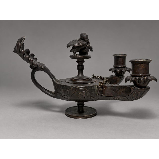 Pair of Grand Tour Bronze Two-Light Candlesticks in Roman Oil-Lamp Form For Sale - Image 4 of 11