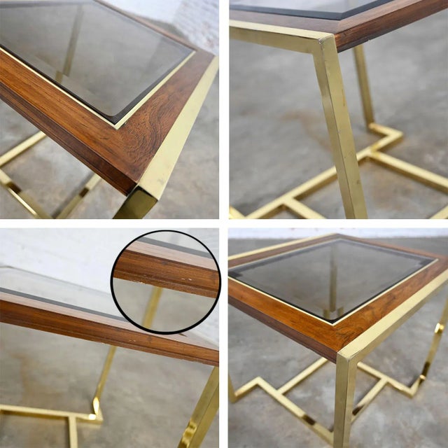 Modern End Table Brass Plated Dark Wood & Smoked Glass Rectangle by Thomasville Furniture Style of Milo Baughman For Sale - Image 12 of 15
