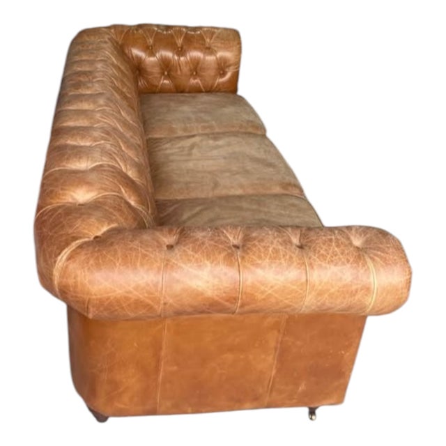 Camel Elevate Your Living Space With This Stunning, Handcrafted Chesterfield Sofa and Ottoman in Genuine Tan Leather For Sale - Image 8 of 12
