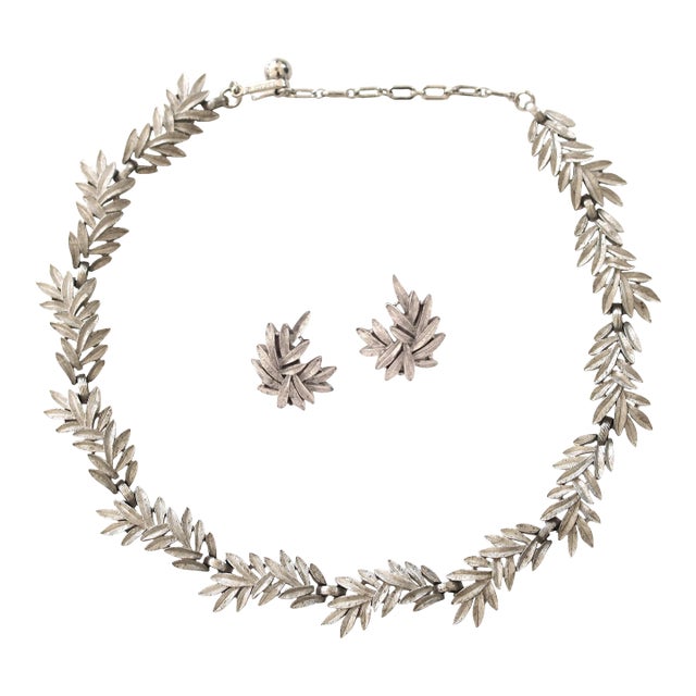 Trifari 1950s Organic Modern Silver Leaf Necklace & Earrings Set - 3 Pieces For Sale