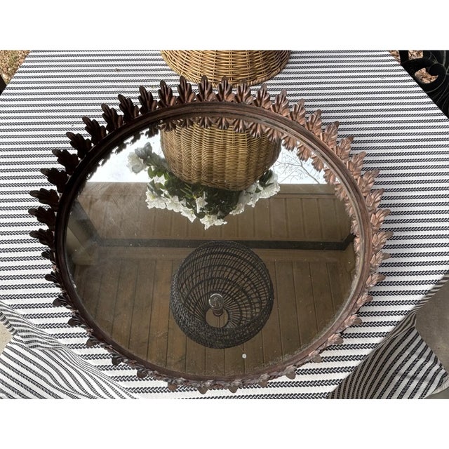 Large Vintage Italian Tole Acanthus Leaf Round Mirrored Tray / Mirrored Plateau / Round Mirrored Cocktail Tray For Sale - Image 15 of 17