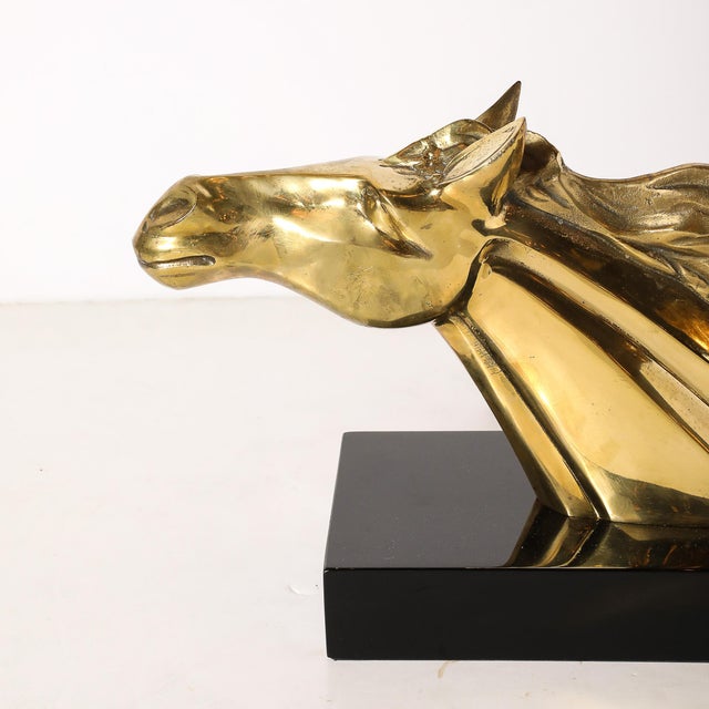 1970s Mid-Century Horse Bust Sculpture W/ Flowing Mane in Polished Brass on Black Base For Sale - Image 5 of 11