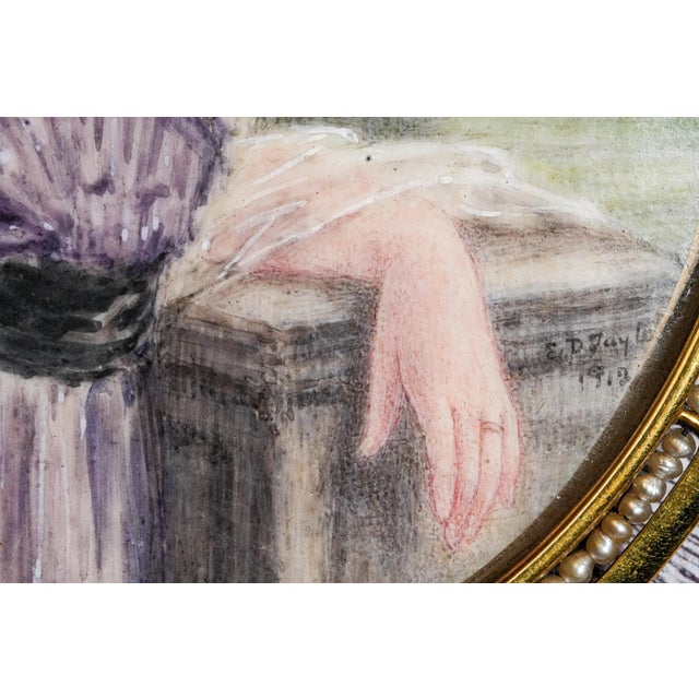 Gold Exceptional Oversized Antique Portrait Miniature Painting Society Woman Keepsake Seed Pearl Gold Wash Frame Pennsylvania History For Sale - Image 8 of 16