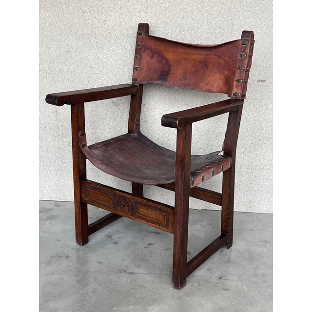 Pair of 19th Century Spanish Colonial Style Carved Armchairs with Leather For Sale - Image 18 of 18