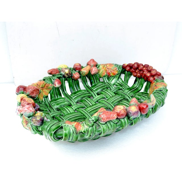 Vallauris France Glazed Woven Ceramic Basket Pink & Green Strawberry Pottery 70 For Sale - Image 13 of 13