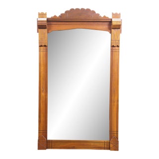 Antique Victorian Eastlake Walnut Hanging Mirror With Carved Scalloped Pediment For Sale