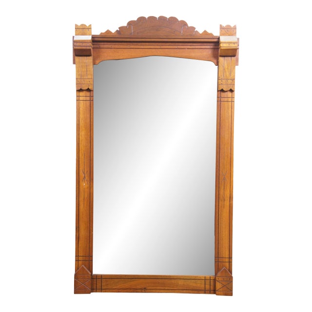Antique Victorian Eastlake Walnut Hanging Mirror With Carved Scalloped Pediment For Sale