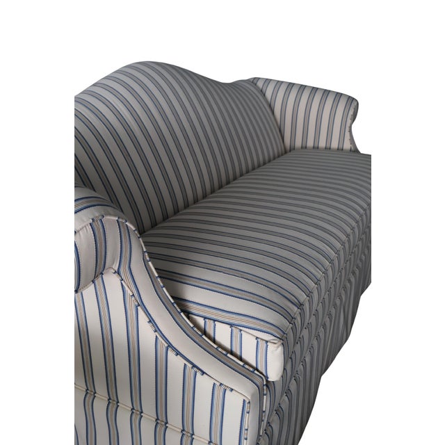 Ethan Allen Custom Camelback Sofa in Dimensional Woven Blue & Ivory Stripe For Sale - Image 14 of 18