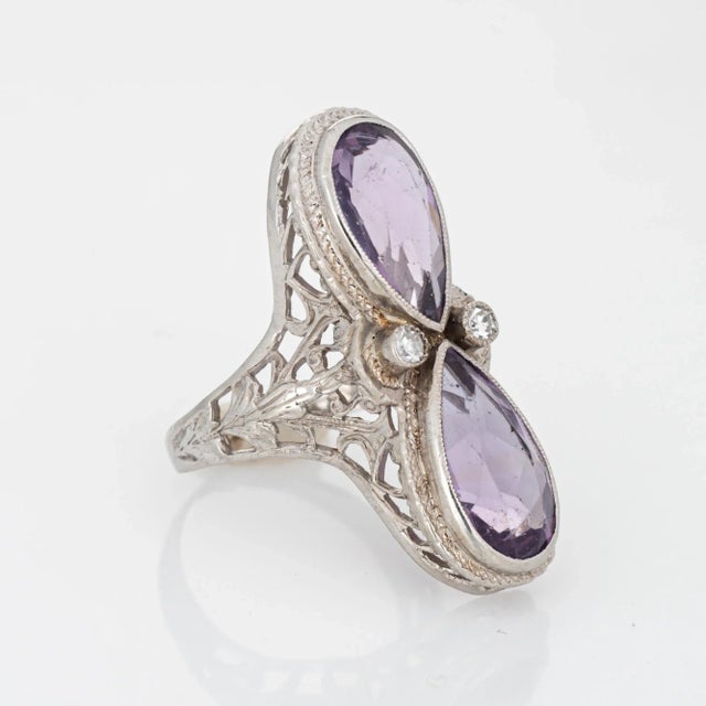 Art Deco Vintage Art Deco Amethyst Diamond Ring Filigree 14k White Gold Elongated Pear 4 size 4 For Sale - Image 3 of 7