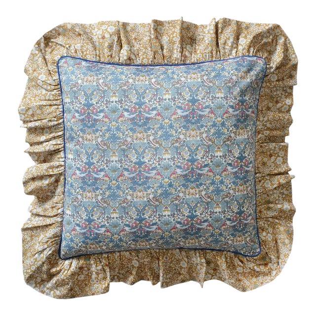 Ruffle Piped Cushion Made With Liberty Fabric Strawberry Thief Spring & June's Meadow For Sale