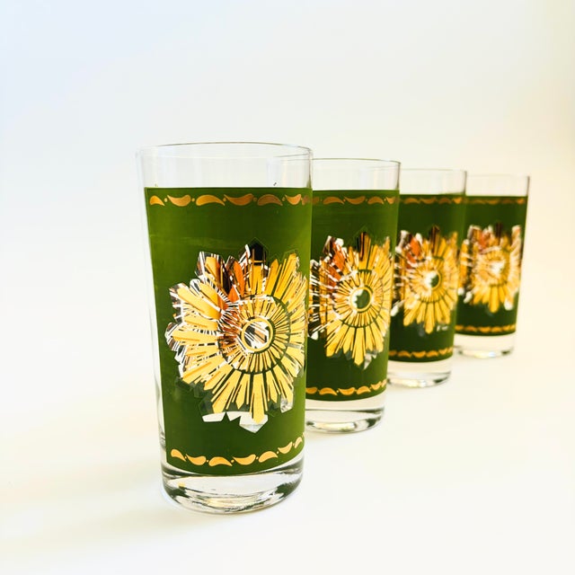 Mid 20th Century MCM Green and Gold Starburst Highball Tumblers - Set of 4 For Sale - Image 5 of 11