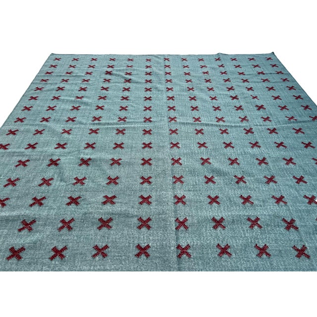 Textile Handmade New Zealand Wool Dhurrie, Turquoise Blue and Burgundy Cross Patterned Rug- 8'x10' For Sale - Image 7 of 13