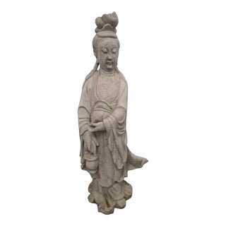 1940s Kwan Yin Cement Garden Statue For Sale