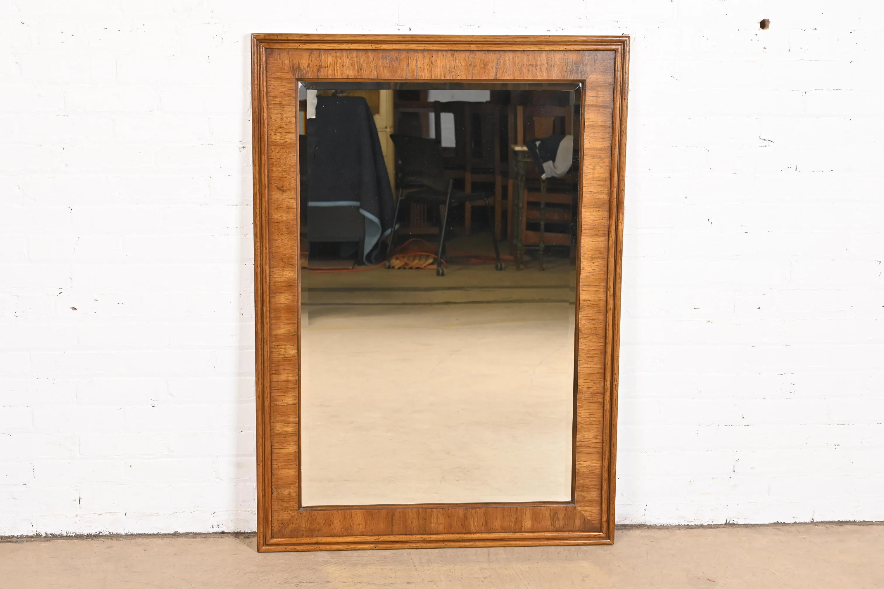 Drexel Heritage Modern Large Walnut Framed Beveled Mirror | Chairish