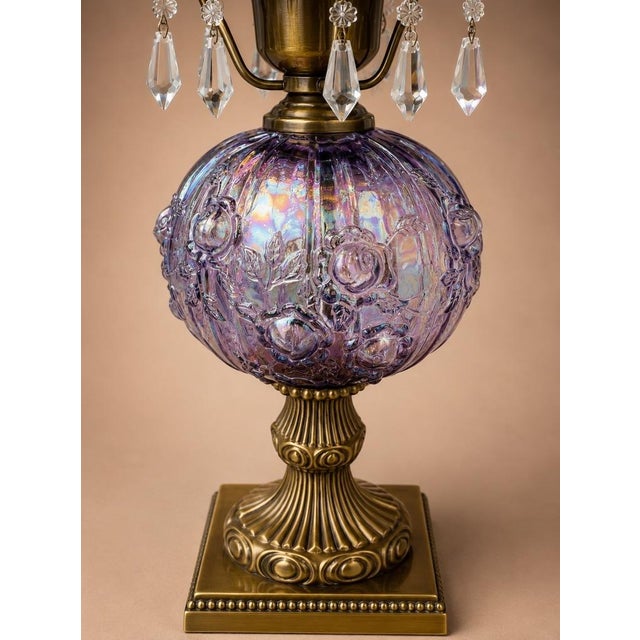 Late 20th Century Vintage Amethyst Carnival Glass Hurricane Lamp With Brass Base & Crystal Prisms For Sale - Image 5 of 6
