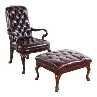 American Heirloom Full Tufted Gooseneck Leather Chair and Ottoman For Sale