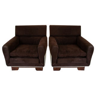 Space Age Armchairs with Wooden Pouf and Alcantara, 1960s, Set of 3 For Sale