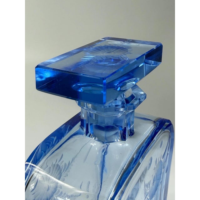 Art Deco Czech Blue Glass Decanter with Hand-Engraved Floral Decoration, 1930s For Sale - Image 10 of 12