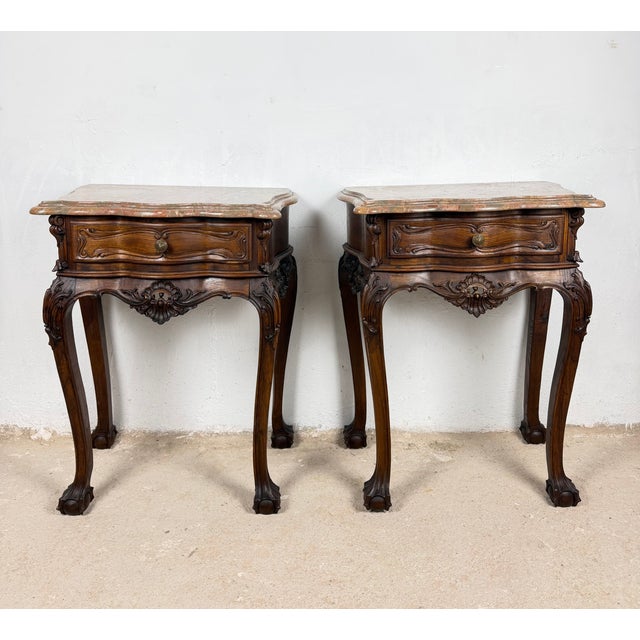 French Louis XV Style Nightstands with Marble Tops, 1940s, Set of 2 For Sale - Image 4 of 16