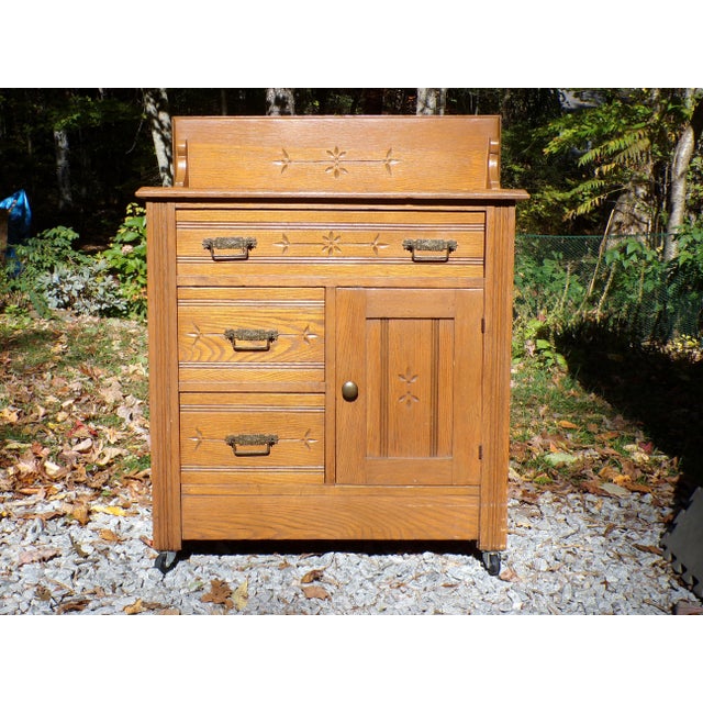 Antique Victorian Eastlake Style Chest Commode Cottage Country Washstand Cabinet. Features solid Oak construction with...