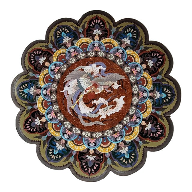 Late Meiji Japanese Cloisonné Phoenix Charger With Scalloped Rim For Sale