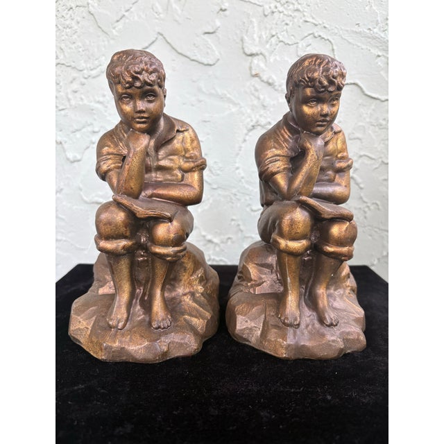 Vintage Bronze-Tone Seated Boy Figural Bookends, Art Deco Style, C. 1920s–1930s (Pair) For Sale - Image 4 of 9