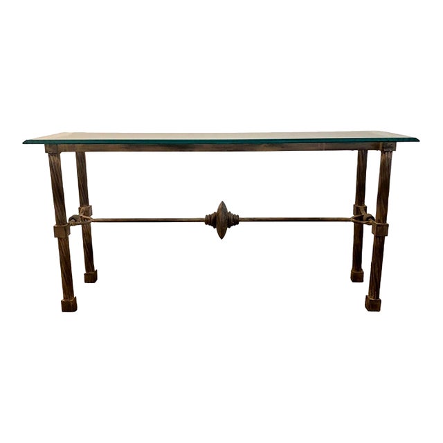 Vintage Patina Bronze Metal Console Side Table With Thick Beveled Glass Top For Sale