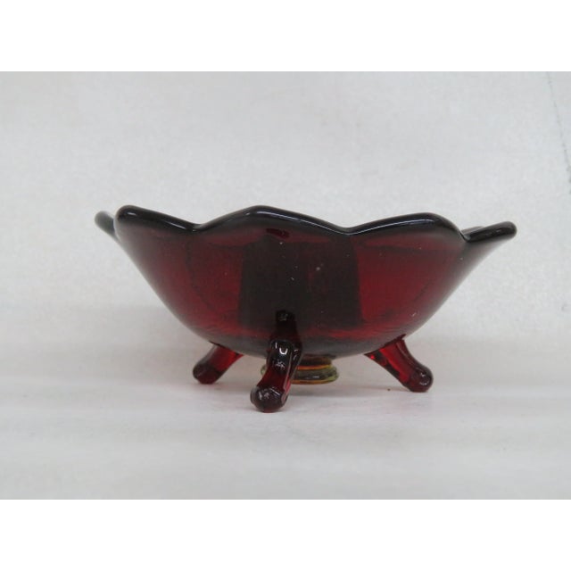 Fenton Style 3 Footed Ruby Red Glass Candle Stick Holders a Pair For Sale - Image 10 of 12