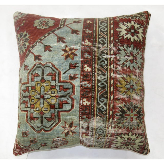 Zabihi Collection Light Gray Blue Red Worn Caucasian Rug Square Rug Pillow For Sale - Image 4 of 5