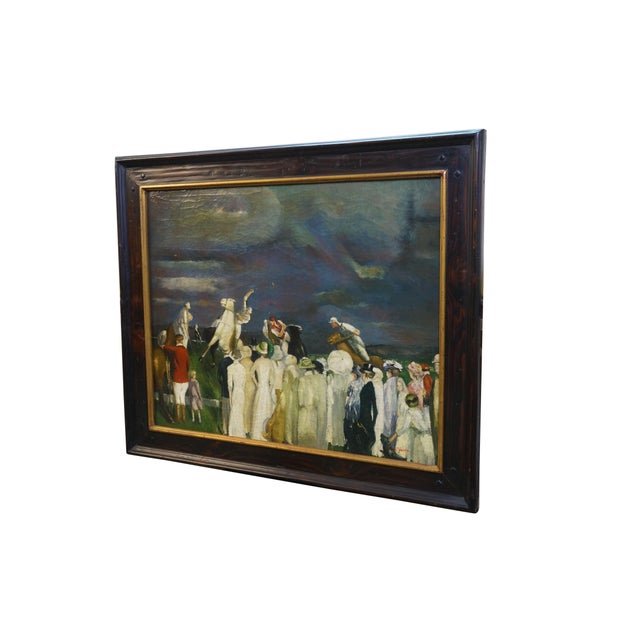 Late 20th century equestrian oil painting on canvas titled "Polo Crowd" after American realist painter George Wesley...