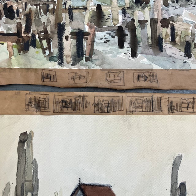 1970s 2 Vintage Expressionist Watercolor Fishing Village Paintings Set of Two For Sale - Image 4 of 6