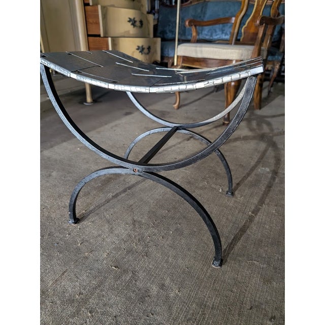 Greige 1980s Contemporary Industrial Metal X-Base Stool / Ottoman With Crocodile-Textured Metal Seat For Sale - Image 8 of 8