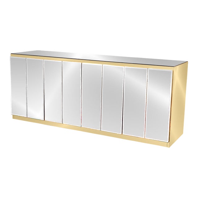 Vintage Ello Brass & Beveled Mirror 4 Door Hollywood Regency Credenza Sideboard For Sale