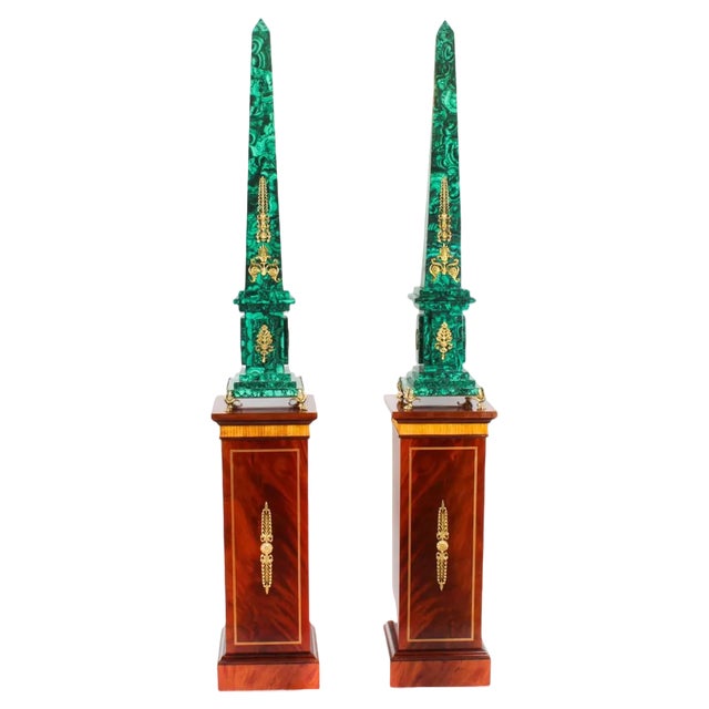 Antique Monumental Ormolu Mounted Malachite Obelisks on Stands, 1920s, Set of 4 For Sale